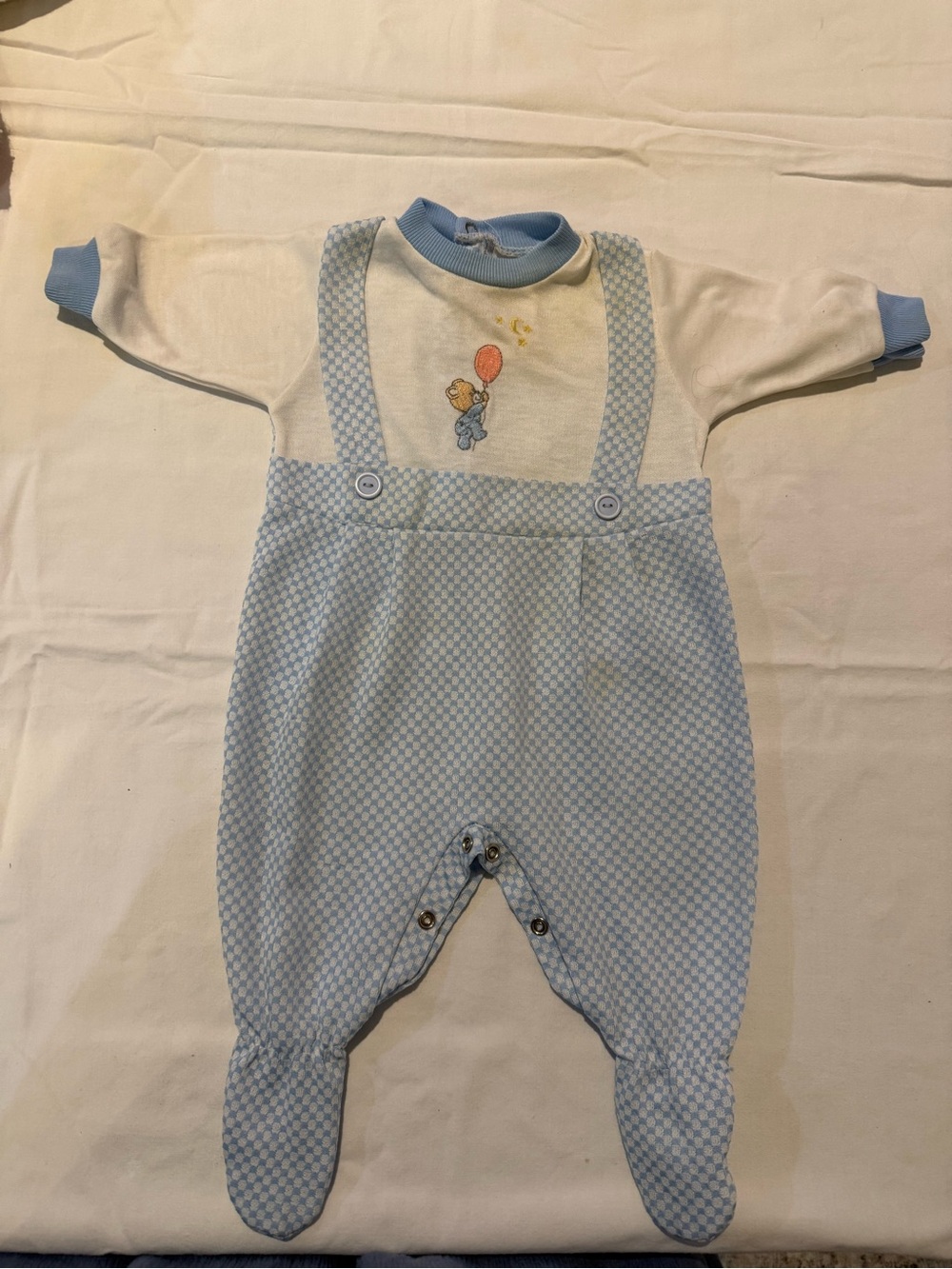 Vintage 1990s USA, Alexis Blue & Cream Baby Footed One-Piece with Bear Balloon